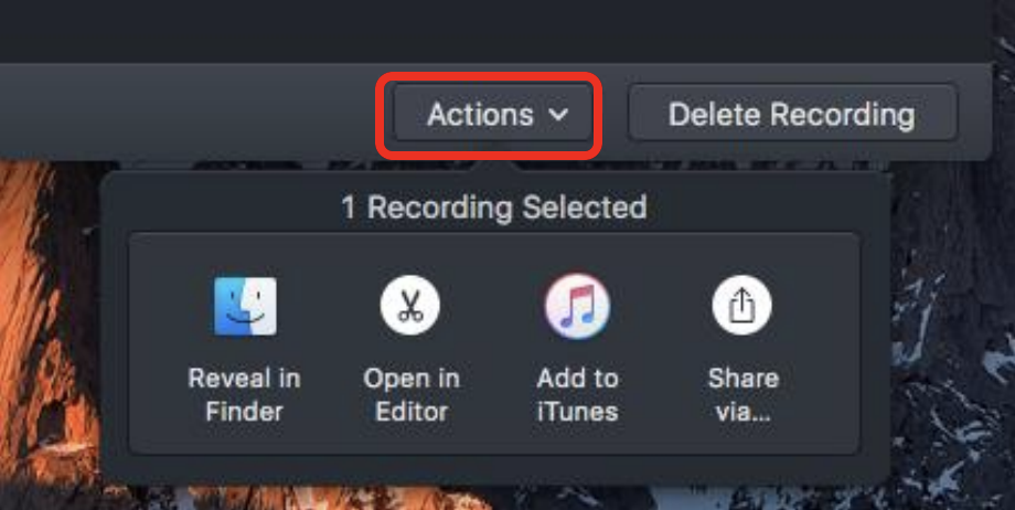 Audio Hijack menu with "Actions" button highlighted