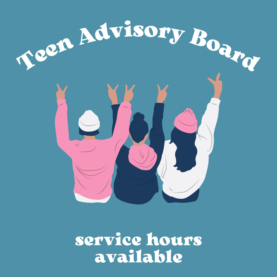 Image says "Teen Advisory Board" with an illustration of three teens