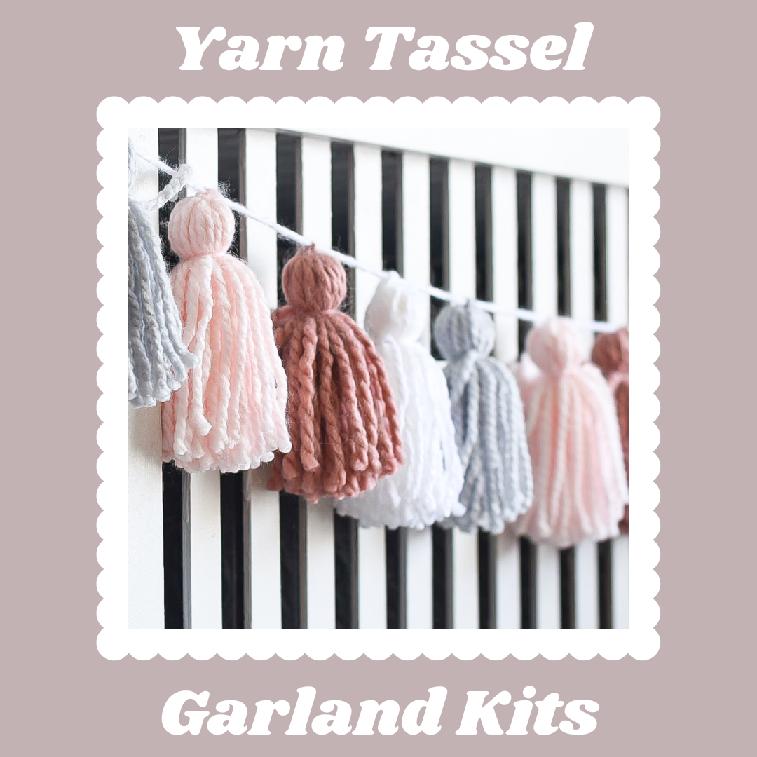 image says "yarn tassel garland kits" with a photo of multicolored yarn tassels