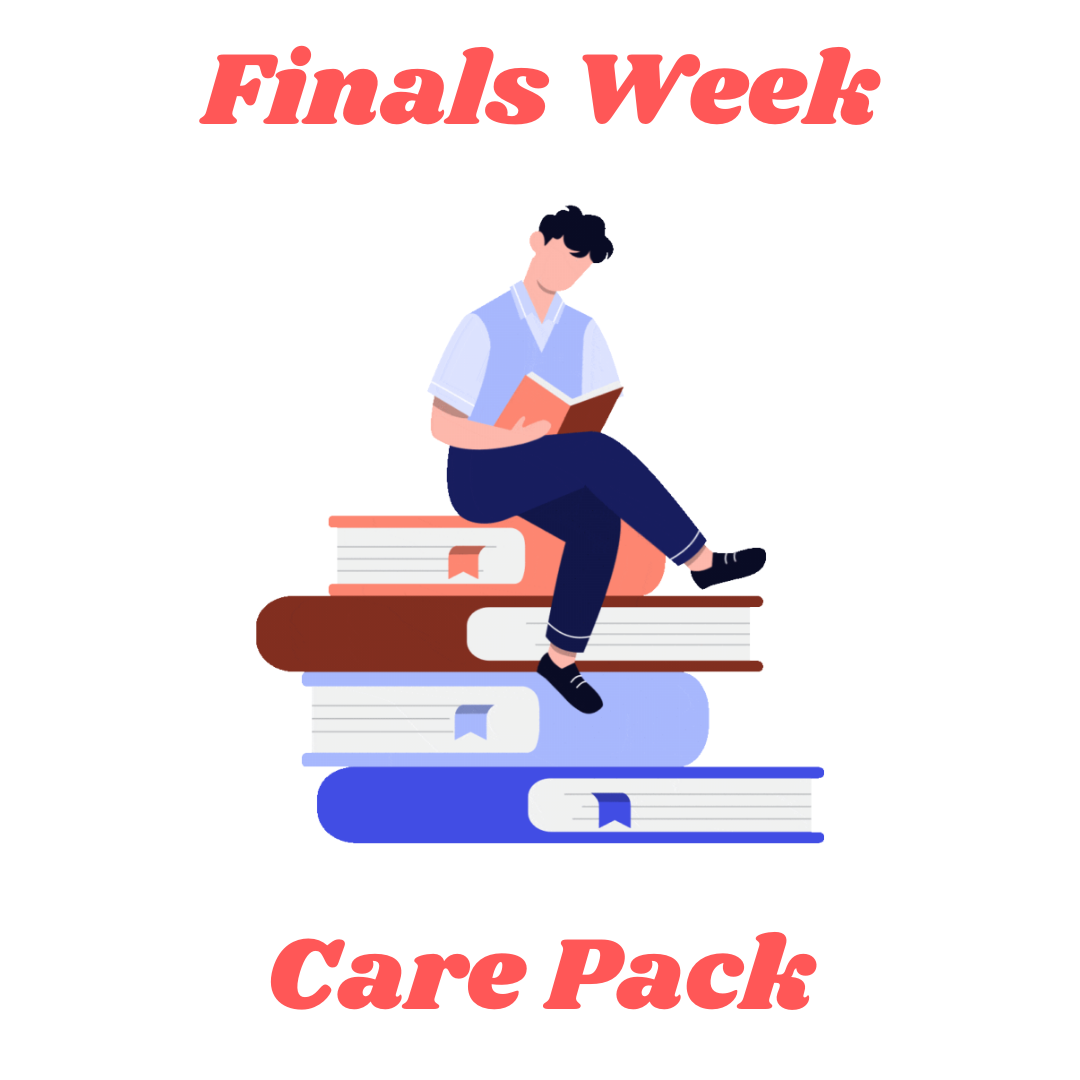 image says "finals week care pack" with an illustration of a teen sitting on a stack of books