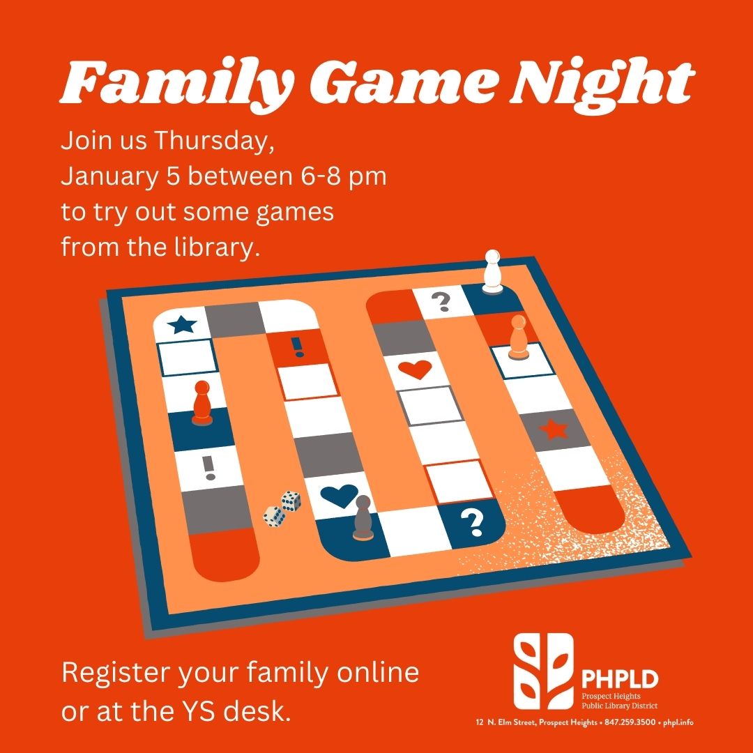 Family game night- image of board game- program details and library logo in white on an orange background