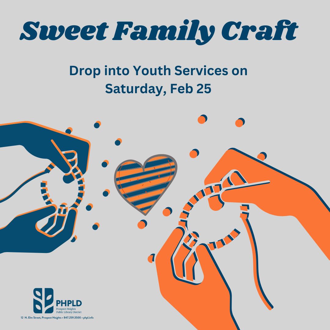 Image of orange and navy hands putting beads on necklaces- navy lettering of program title and details on gray background- library logo in navy- ornage and blue striped heart in middle