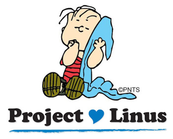 the character linus from charlie brown holding his blanket with the words "Project Linus" underneath him
