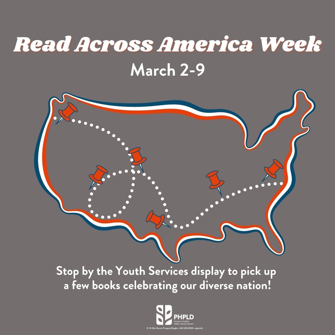 RAA week- gray background with white lettering- image of outline of USA- images of orange pushpins- white dotted line across map- details and library logo