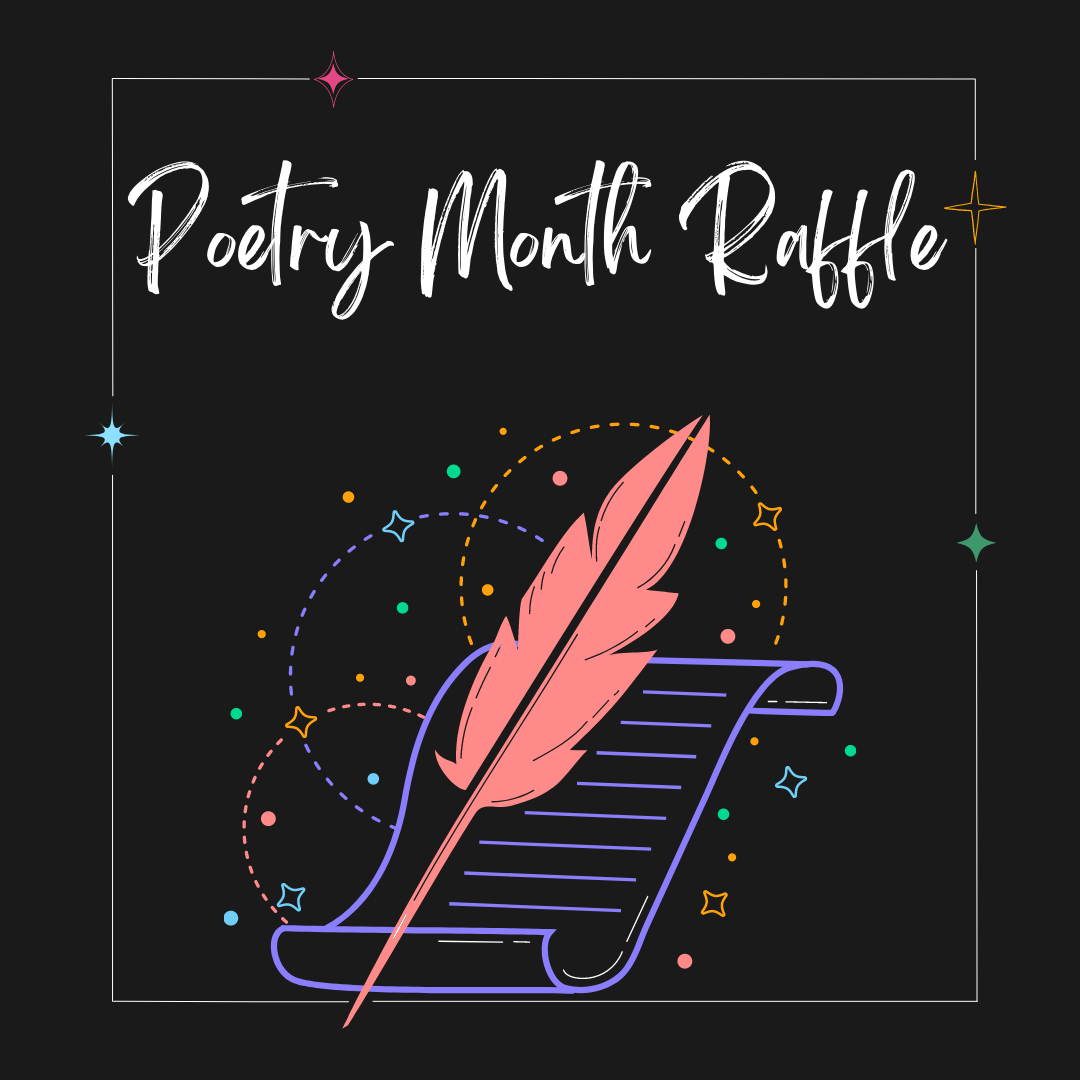 black square with pink feather quill and words "poetry month raffle"