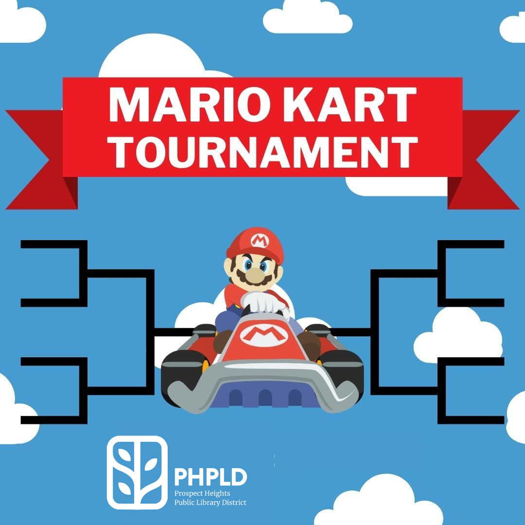 blue square with white text reading mario kart tournament and an image of Mario riding his cart