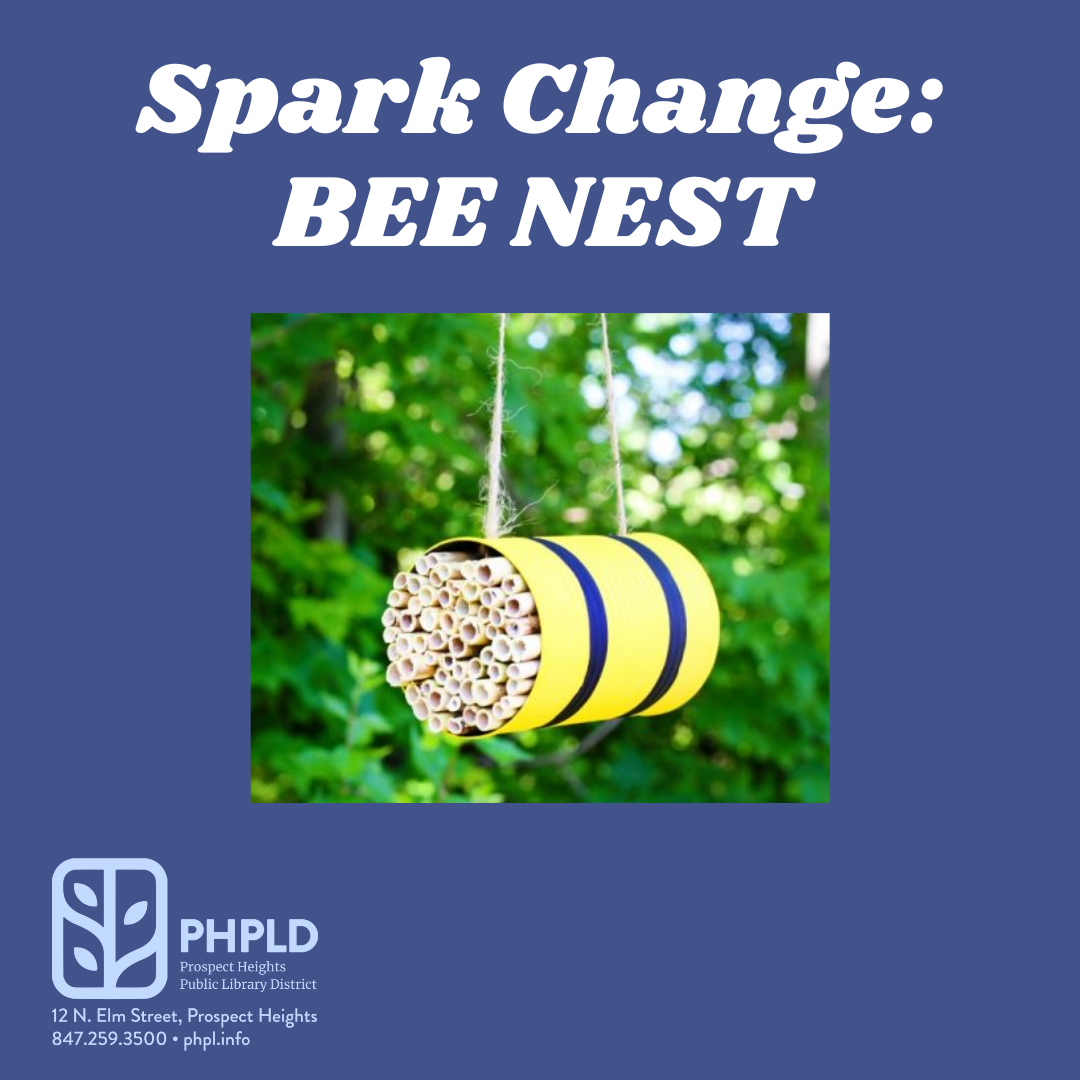 Blue square with a photo of a can painted like a bee and the test "Spark Change: Bee Nest"