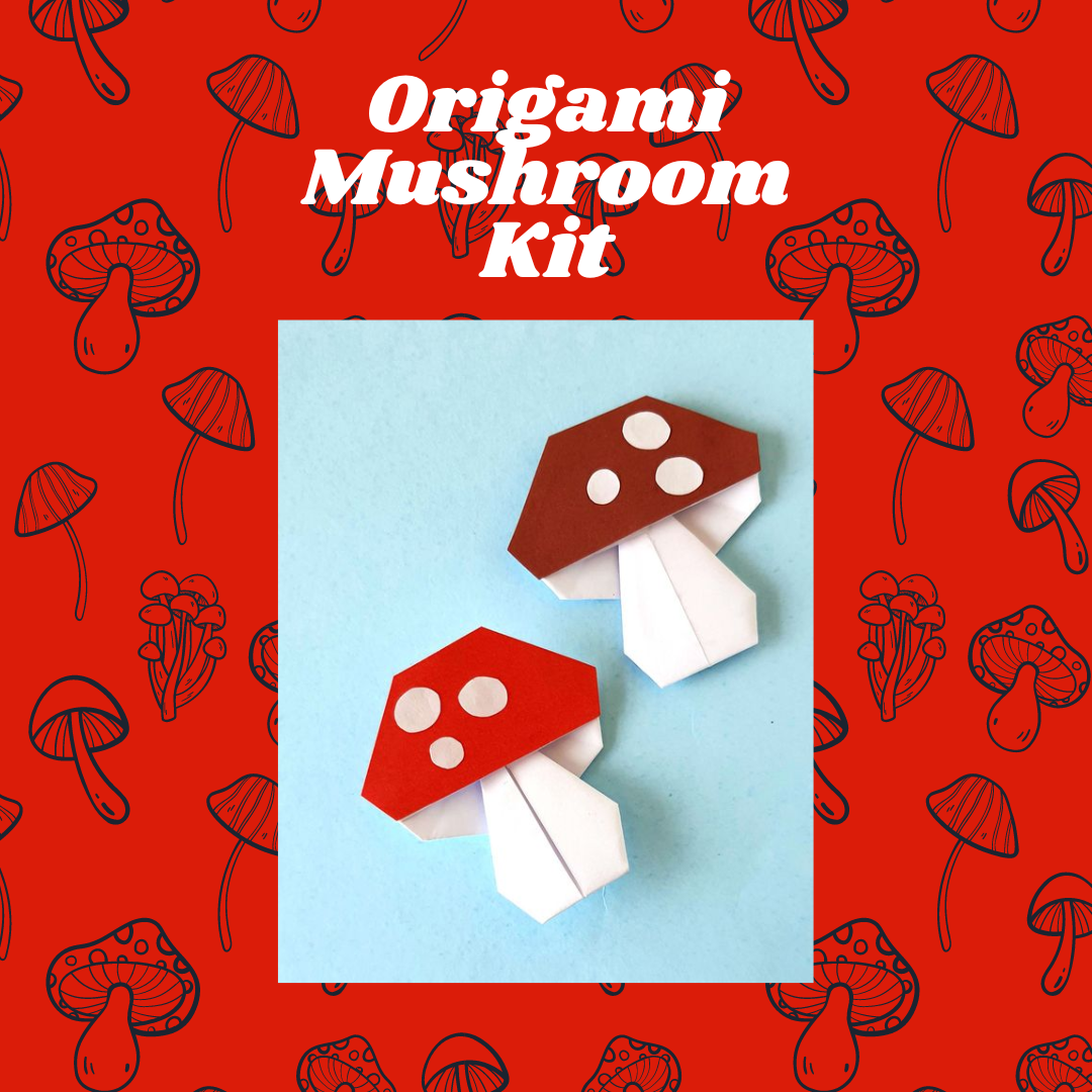 a picture of two red and white mushrooms made of paper with the text "Origami Mushroom Kit"