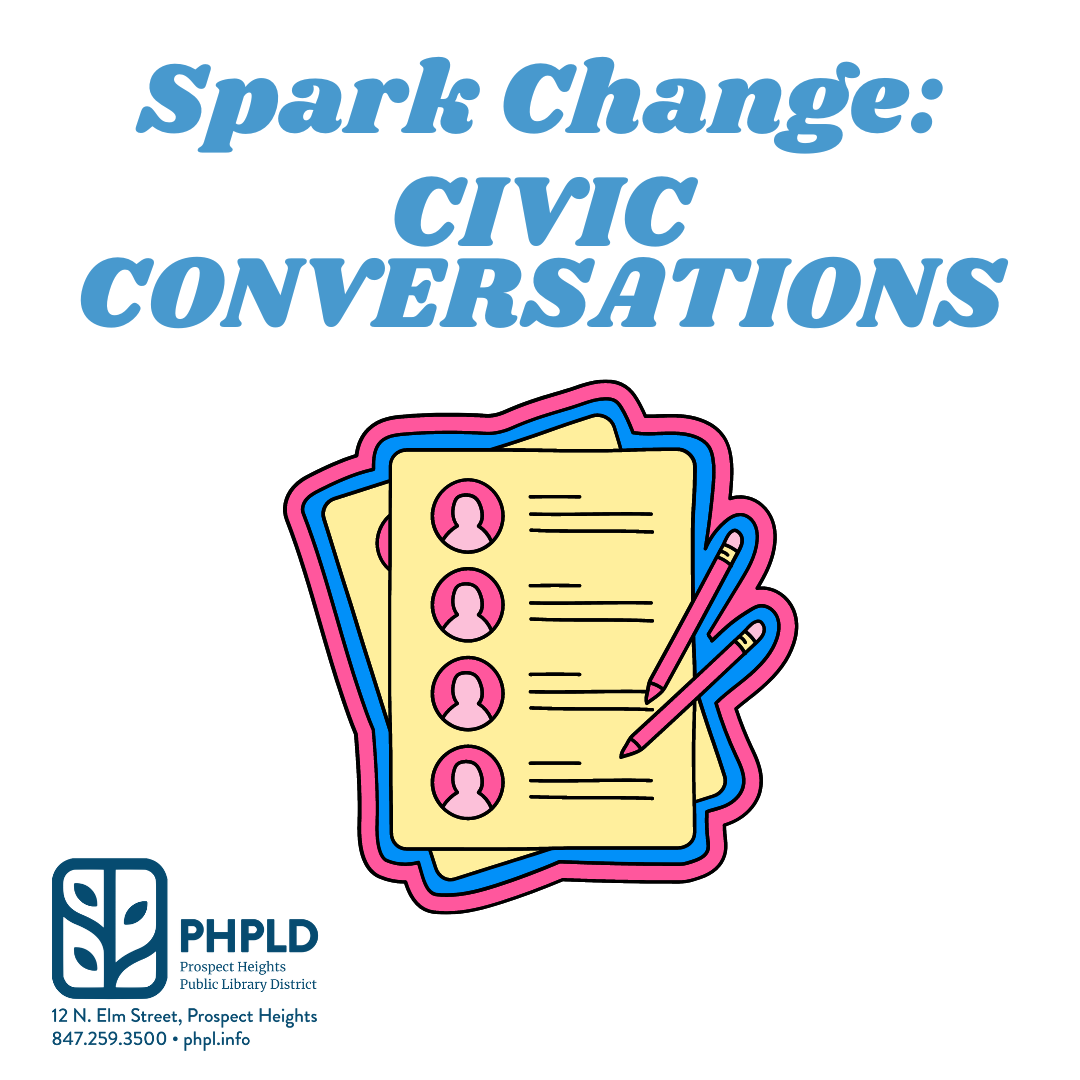 text "Spark Change: Civic Conversations" with clip art of pages and two pens