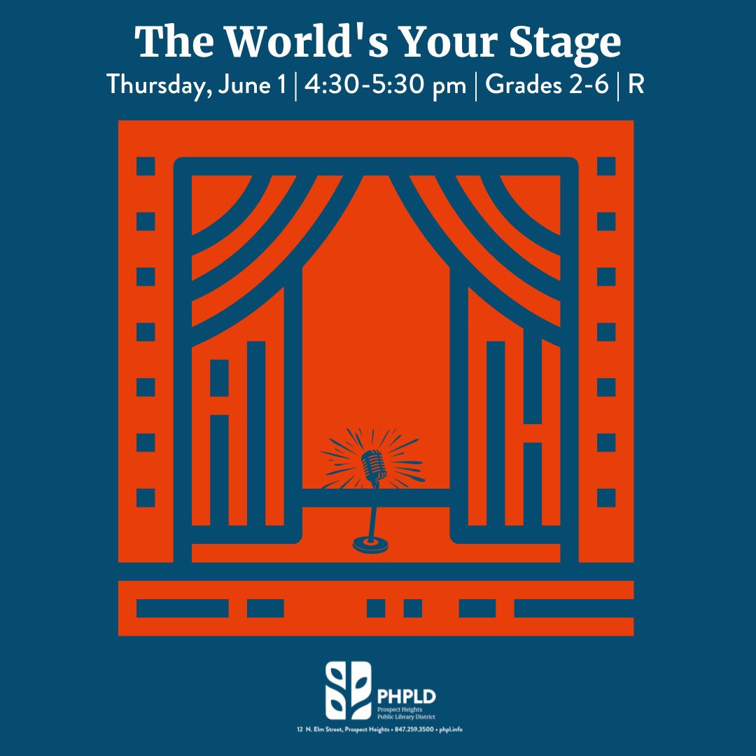 line drawing in blue of a stage and microphone on orange square- blue background- program title and details in white- library logo in white