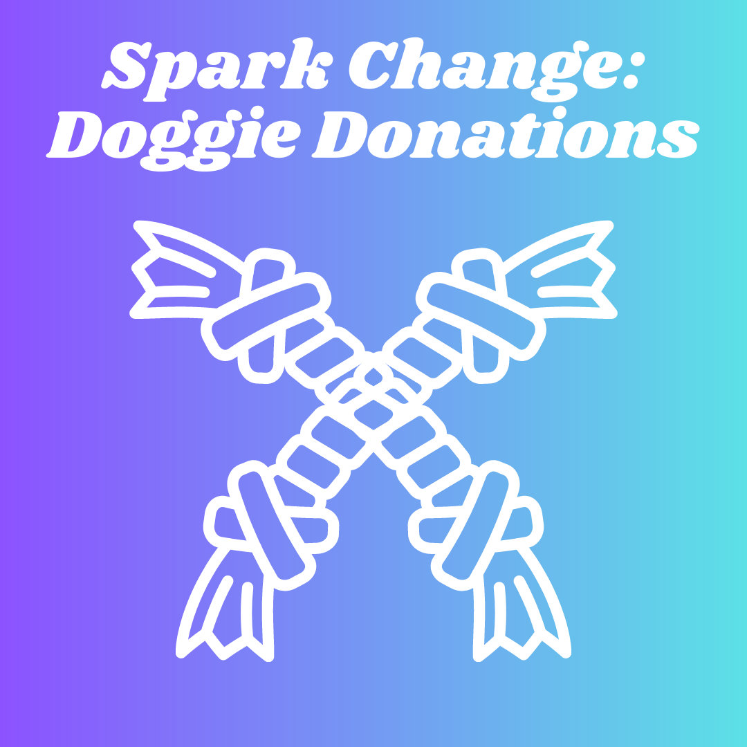 white text reading Spark Change: Doggie Donations over a purple to blue gradient background with a white clipart of a rope dog toy