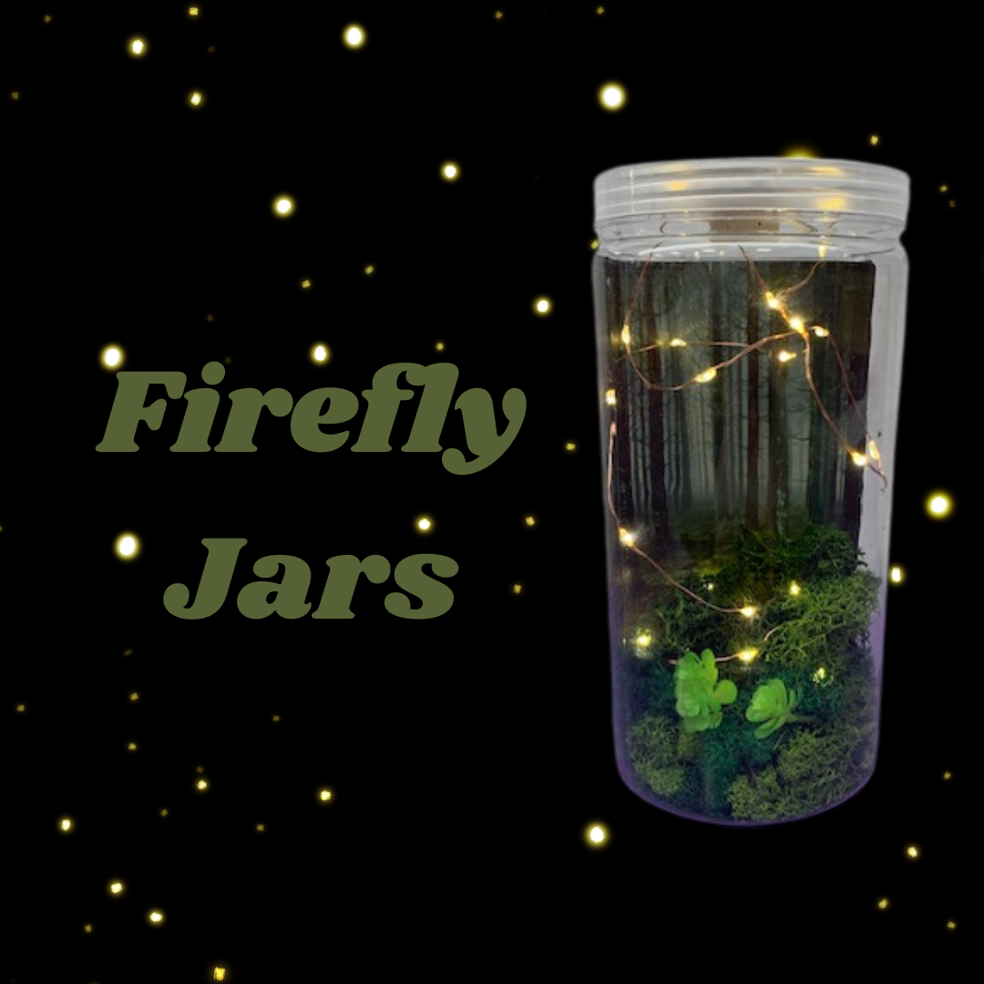 black background overlayed with fireflies, text reads Firefly Jars