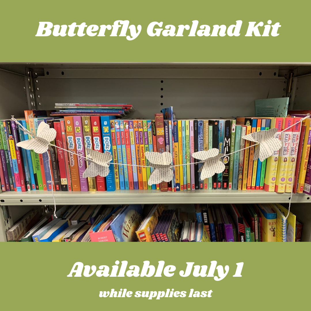 white text over green background that reads "Butterfly Garland Kit" and picture of butterflies in front of a bookshelf