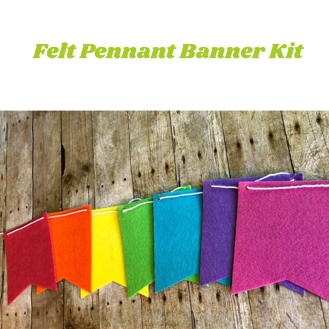 picture of felt banners in rainbow colors and green text reading felt pennant banner kit