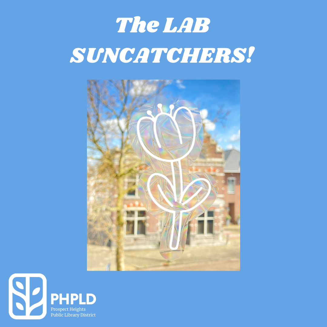 blue background with white text reading the lab: suncatchers!