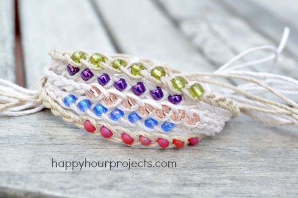 four hemp twine bracelets with different colored beads