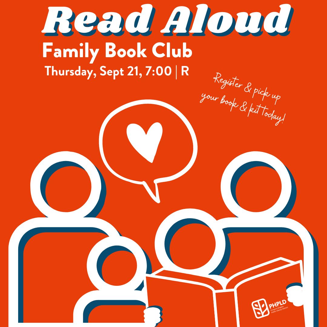 orange background- image of outlined peole reading one book together- program title and details in white