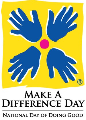 blue hands on a yellow background with the text make a difference day underneath