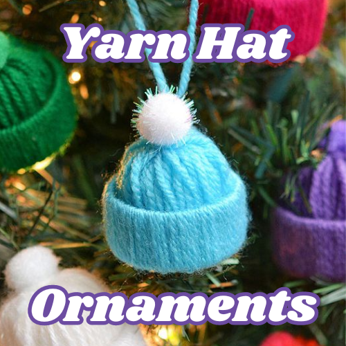photo of light blue winter hat made of yarn and the text yarn hat ornaments