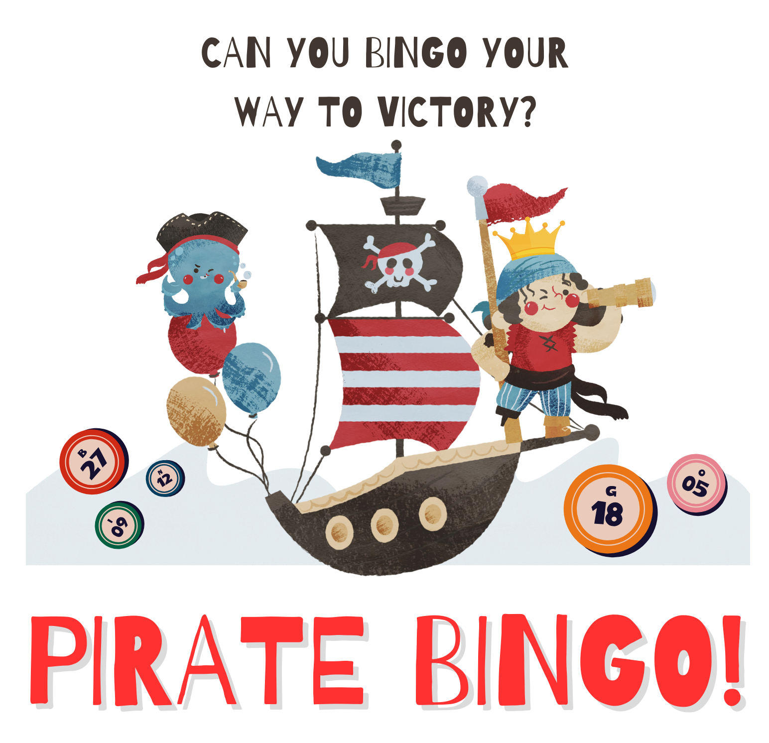 Clipart of pirates with red text that says ,"Pirate Bingo!"