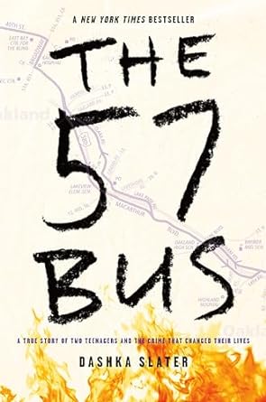 The 57 Bus  scrawled against a white back ground with flames creeping up from the bottom of the cover.