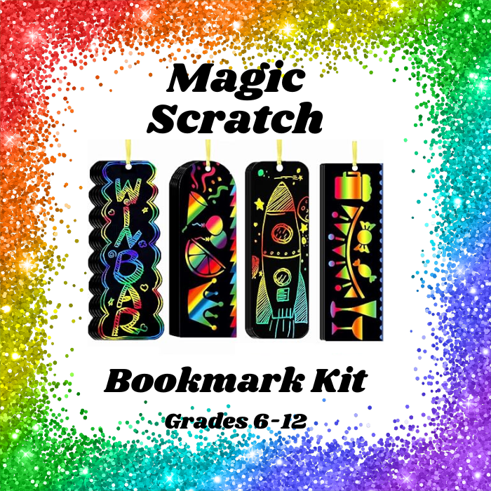 rainbow glitter on a white square with black text that reads Magic Scratch Bookmark Kit, Grades 6-12
