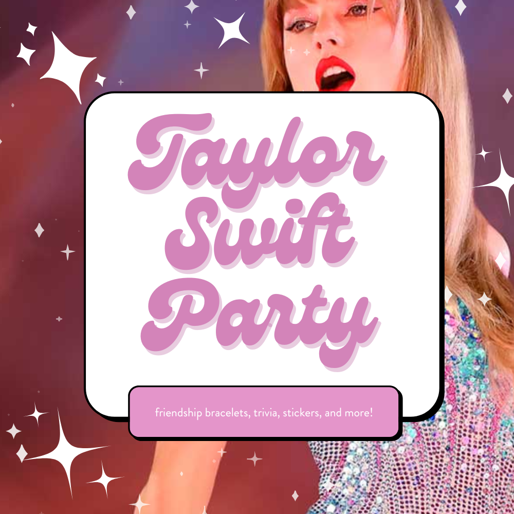 a photo of taylor swift from the eras tour with the words Taylor Swift Party in pink overlaid