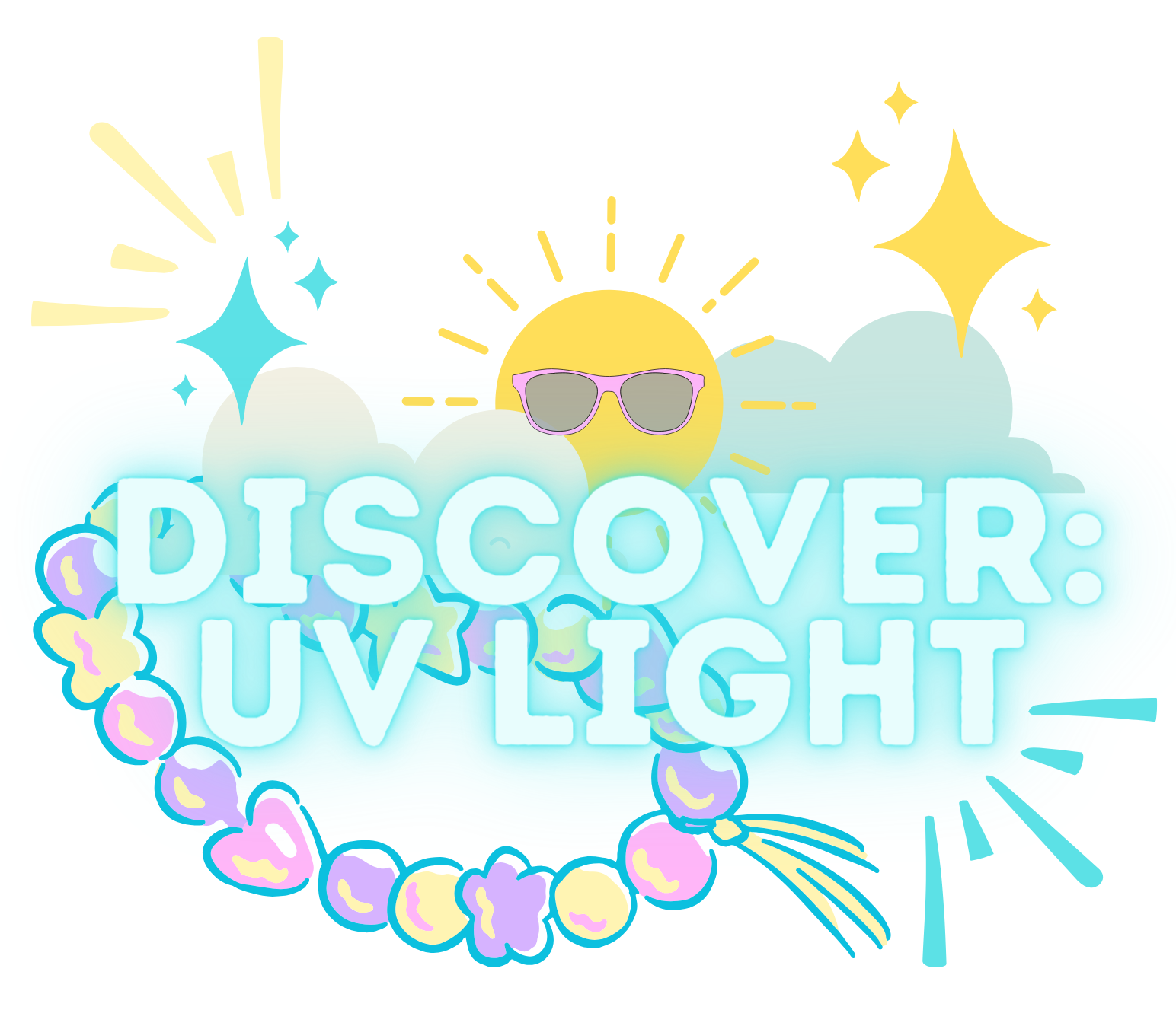 Large letters saying "Discover: UV Light!" surrounded by the sun, clouds, sparkles and a sparkly bracelet.