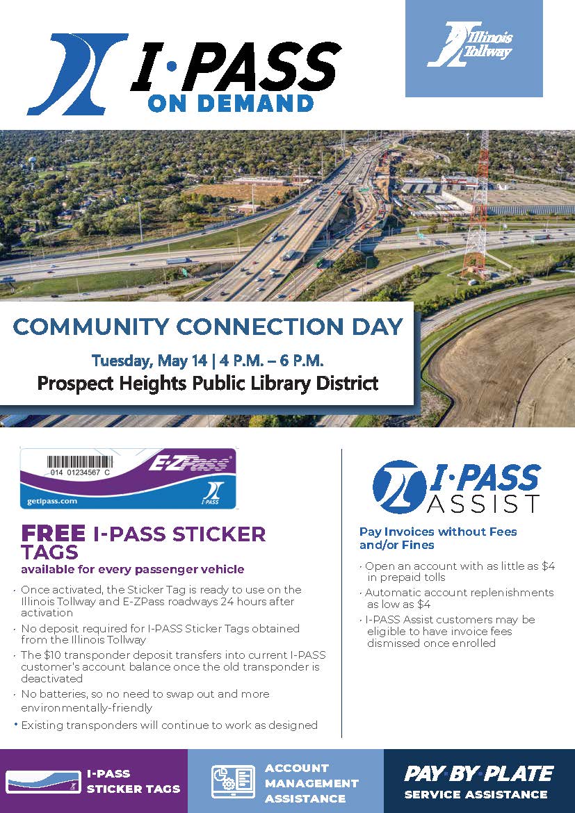 An areal view of the tollway with an insert describing the benefits of the I-pass sticker.