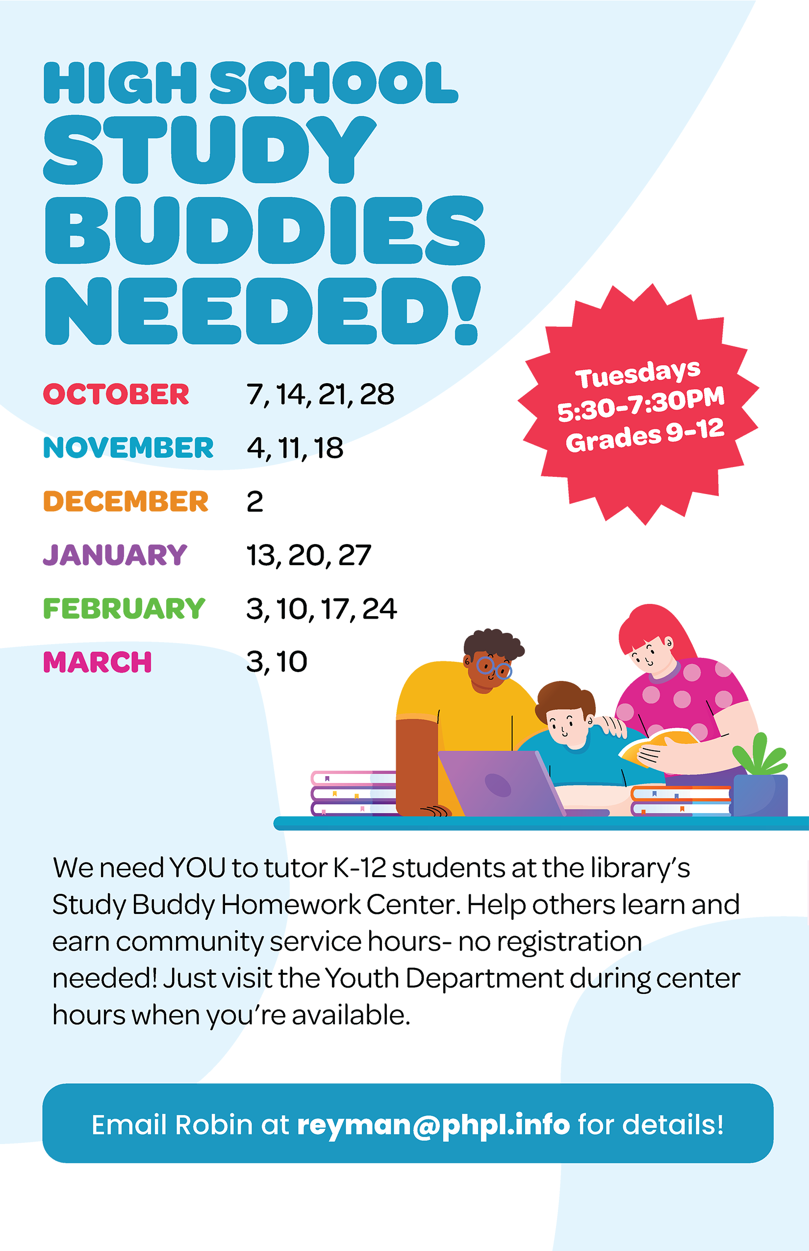 Study Buddies Needed poster with text of dates and times. Click to see calendar for more information.