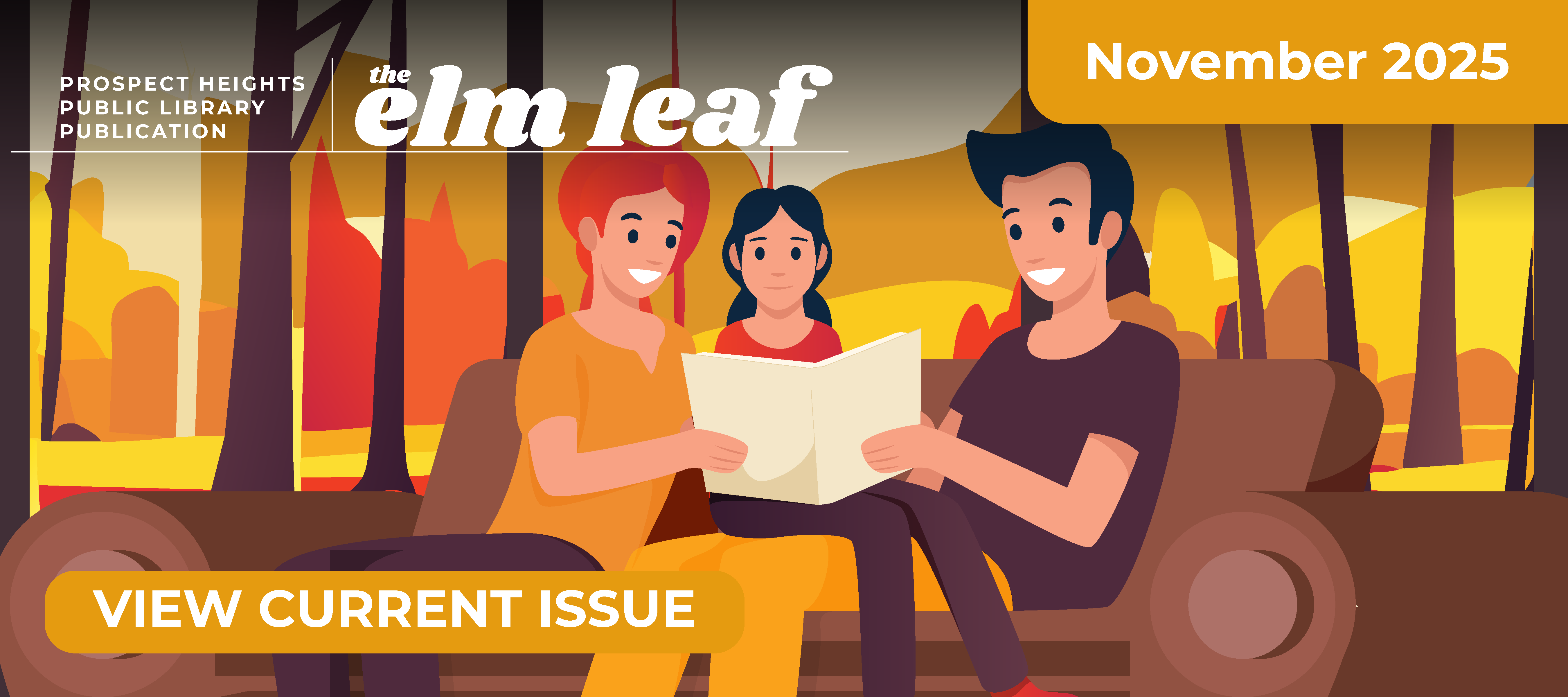 Image of November Elm Leaf Cover with colorful trees and a family sitting together on the couch reading.