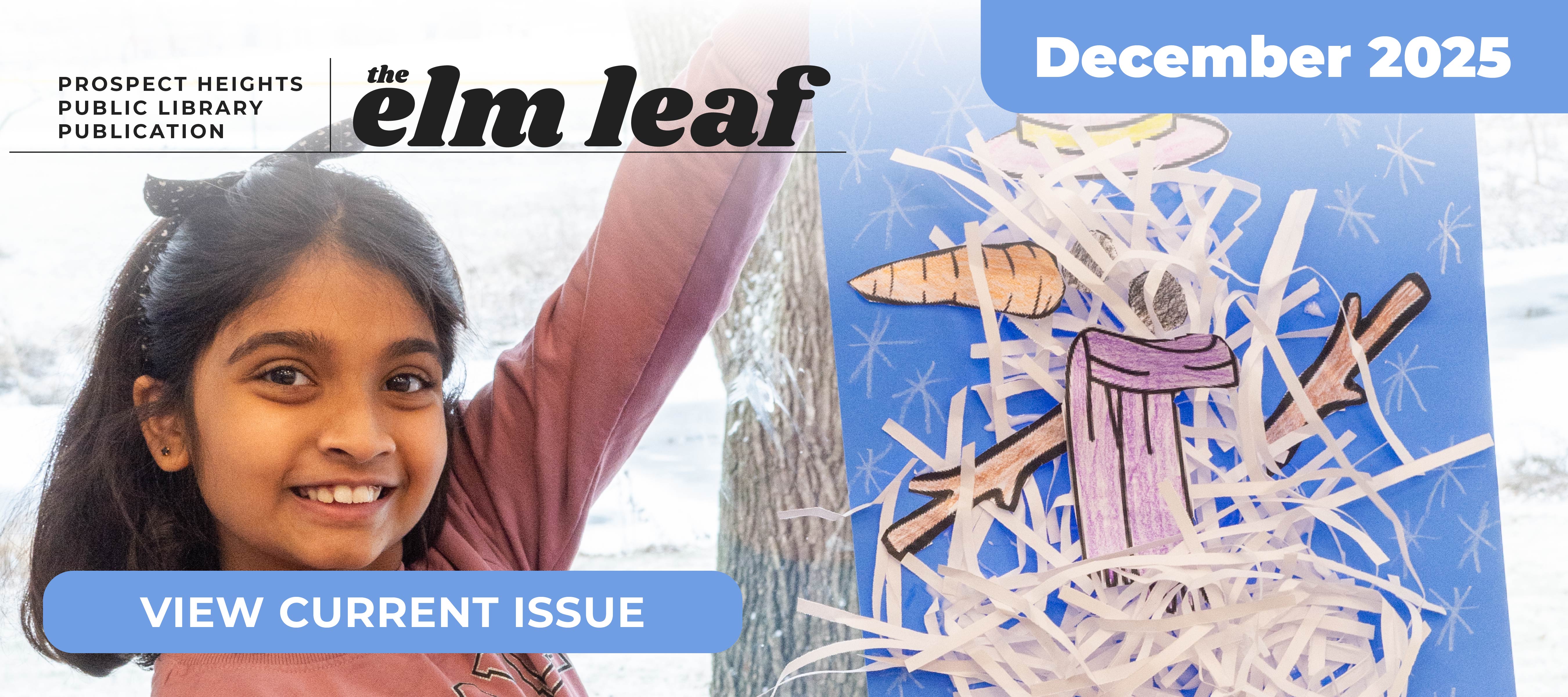 December Elm Leaf Cover with cute girl proudly holding her artwork of a snowman