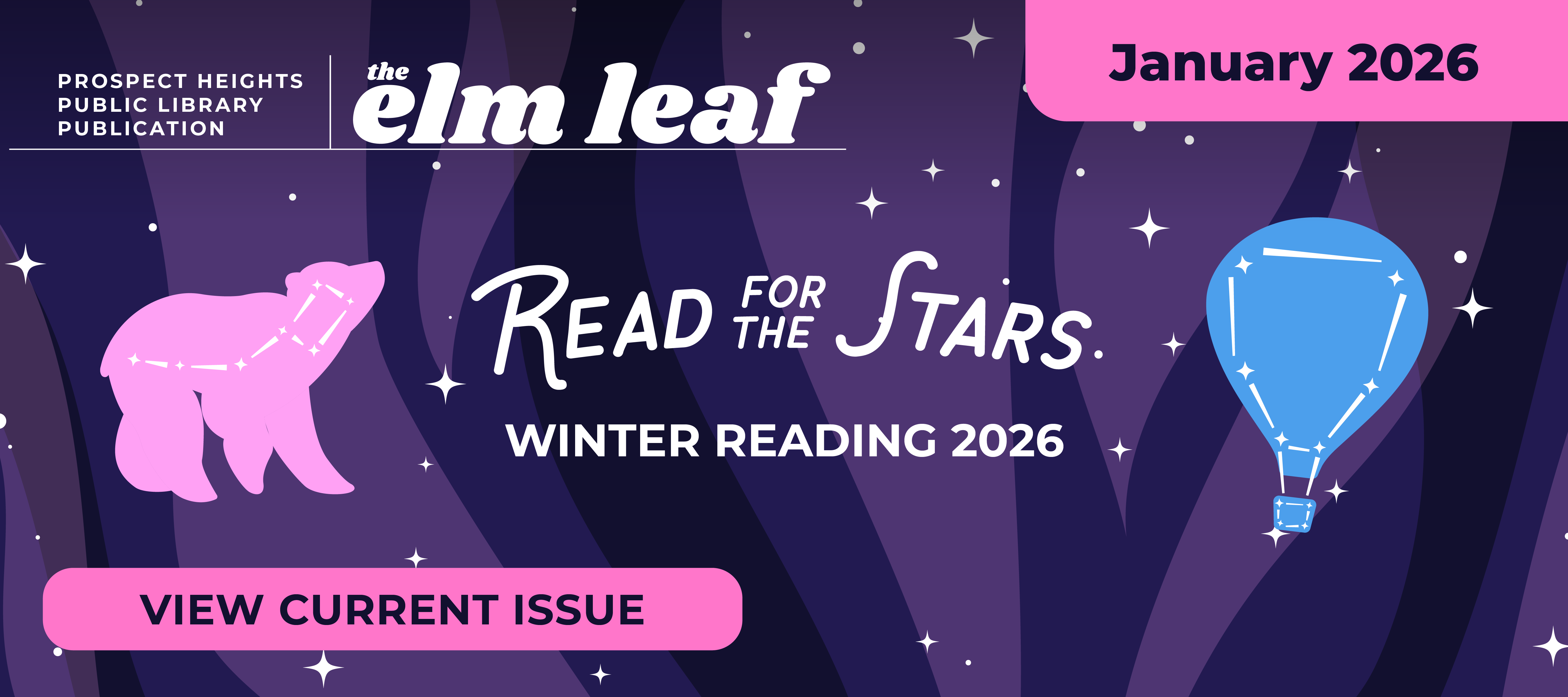 Elm Leaf Cover Jan 2026 with stars and colorful constellations all over the cover