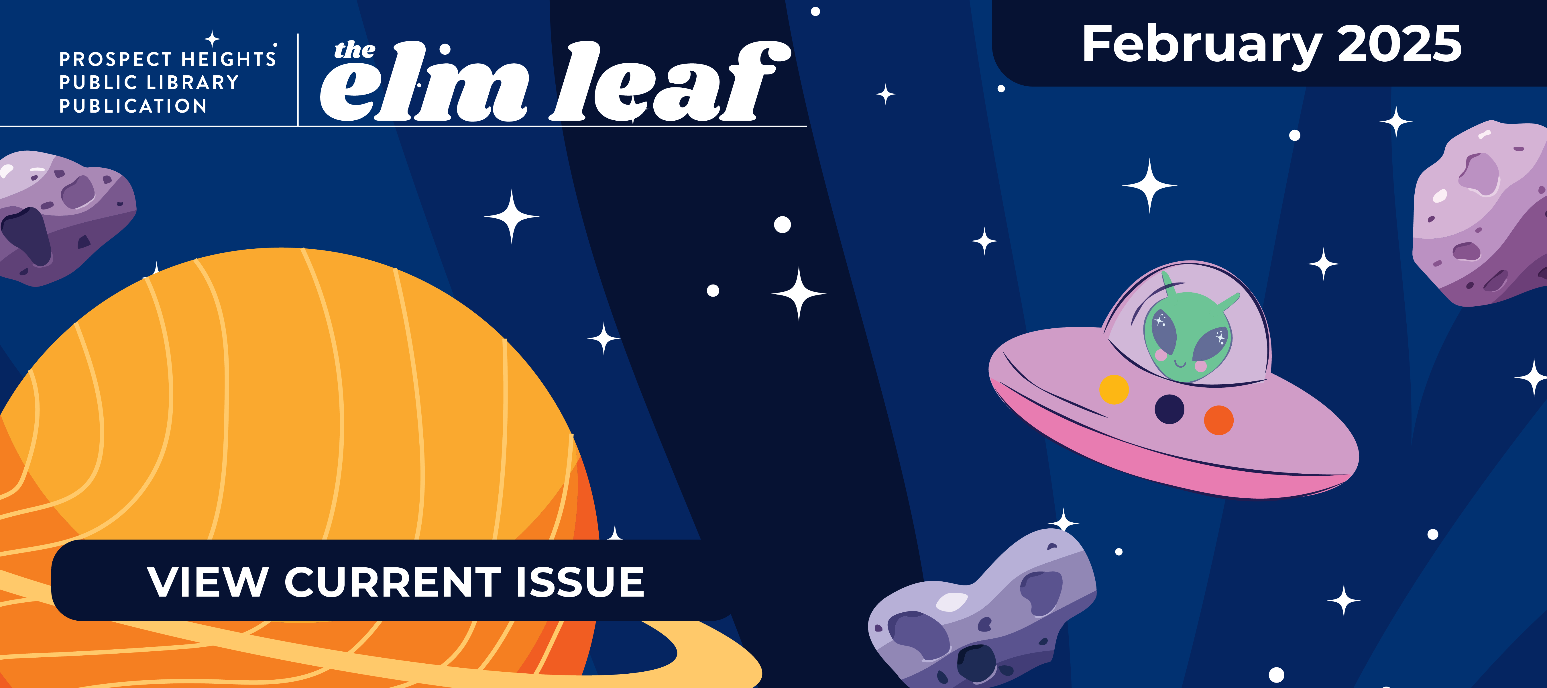 promotional image of newsletter cover featuring a starry sky with ateroids, planets, and alien ships floating