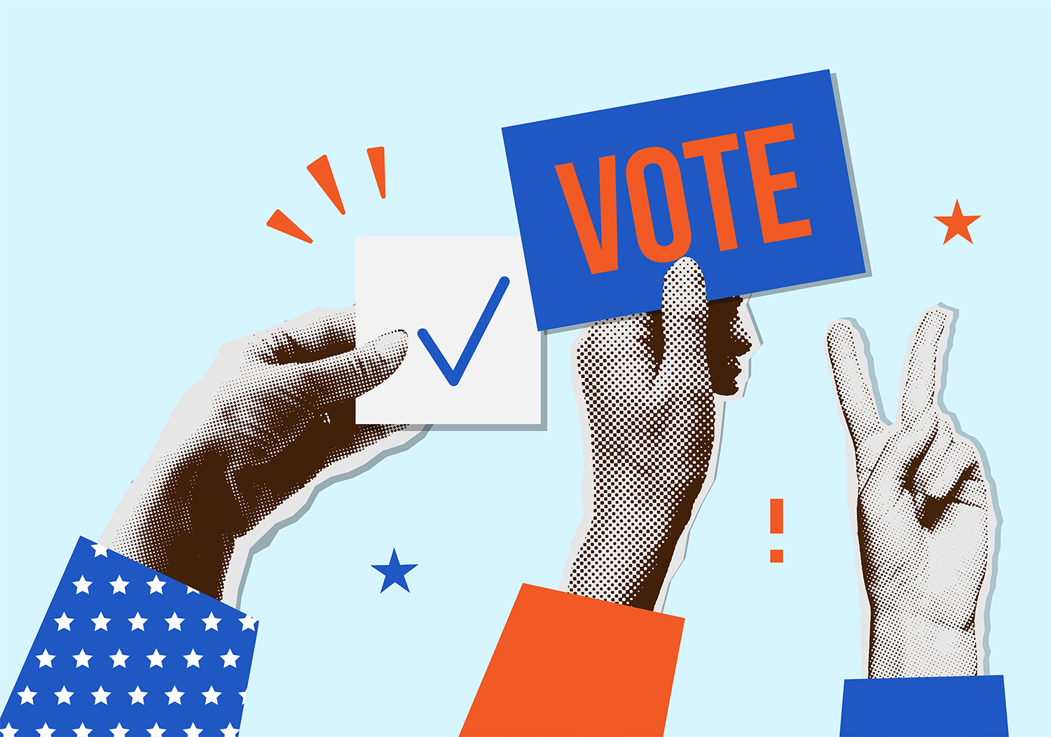 Hands holding voting themed icons.