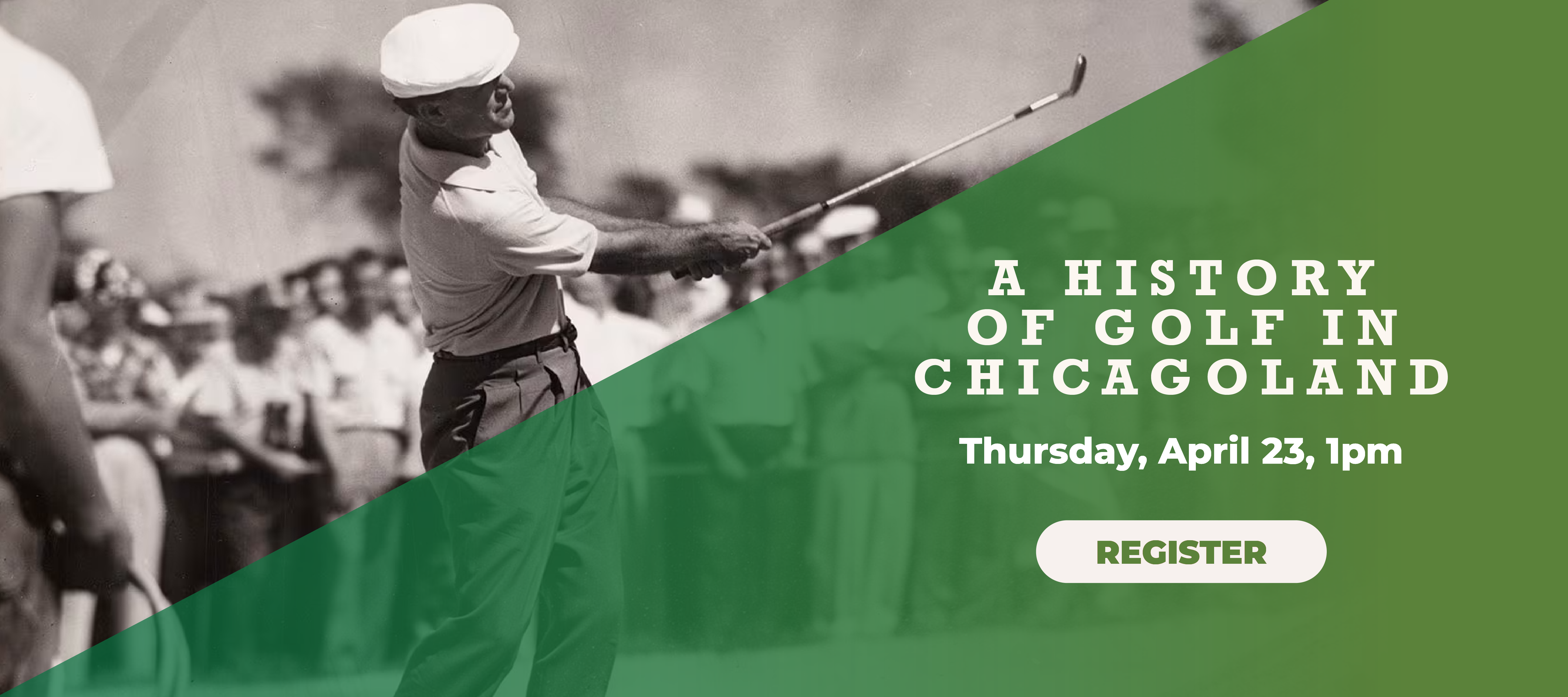 Golfer swinging a club in front of a crowd.