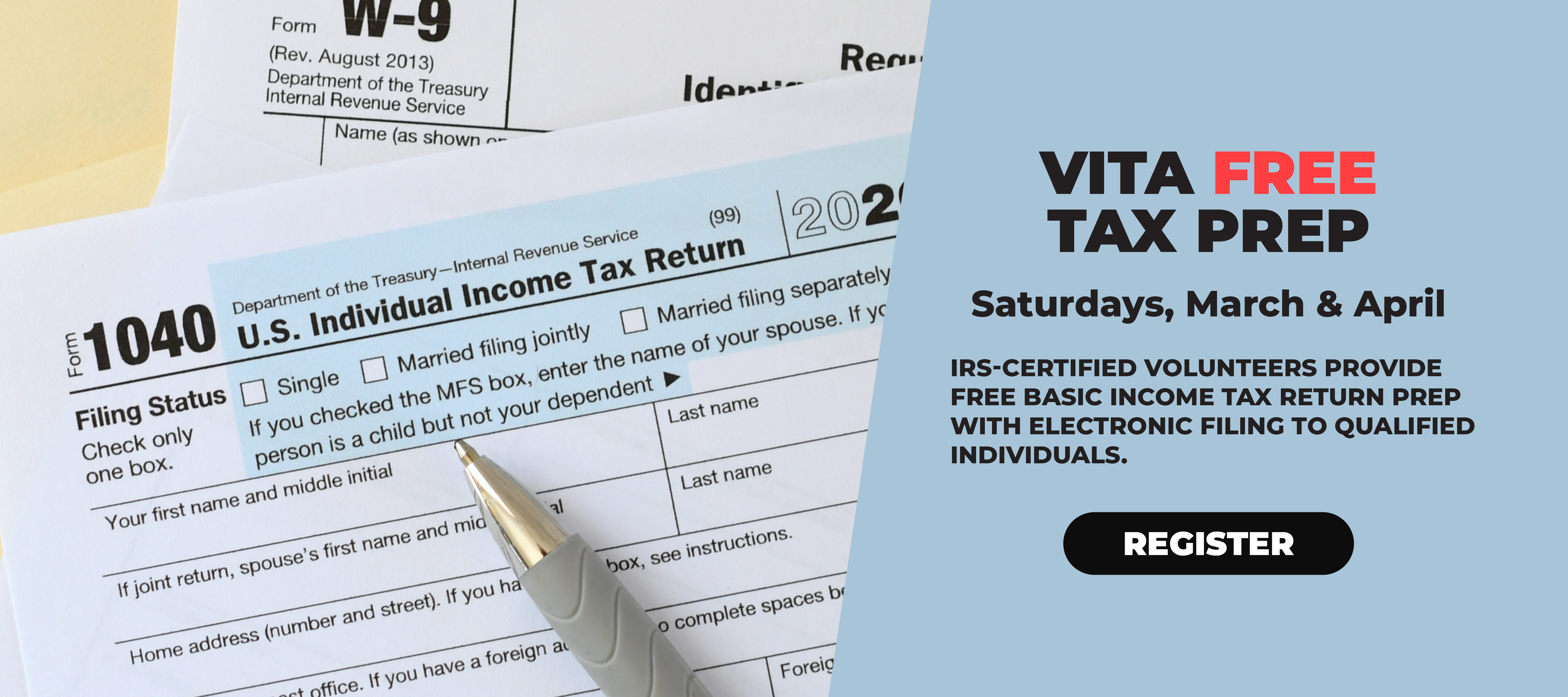 Promotional image of tax forms with pen.