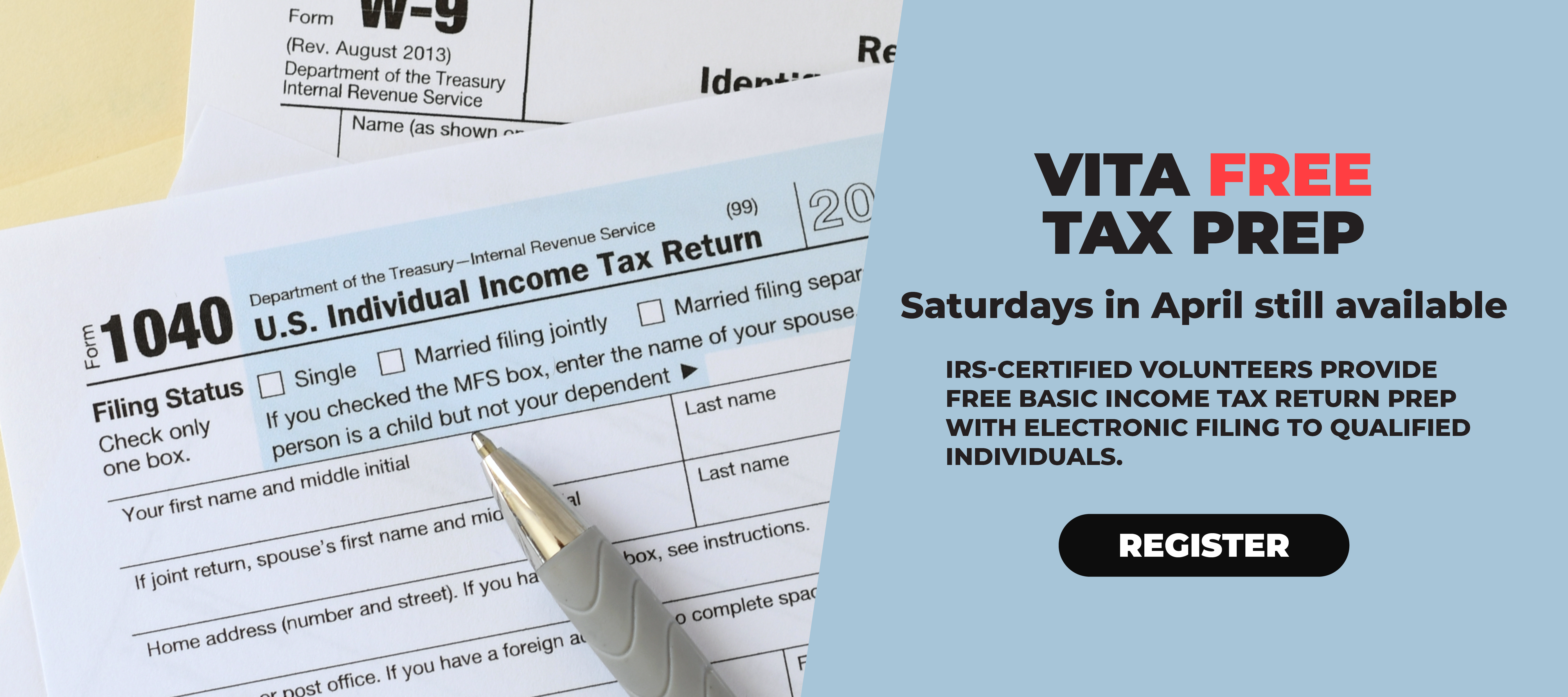 Promotional image of tax forms with pen.