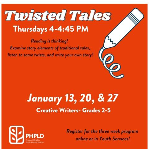 Twisted Tales title- Image of pencil drawing a curly line- Includes dates, time, and how to register- library logo