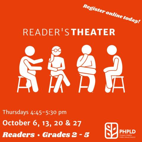 Reader's Theater- image of people sitting on stools talking- time and date of event- library logo