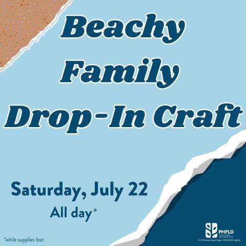 light blue background- brown sand in top corner- image of torn blue paper in bottom corner- blue program title & information- white library logo