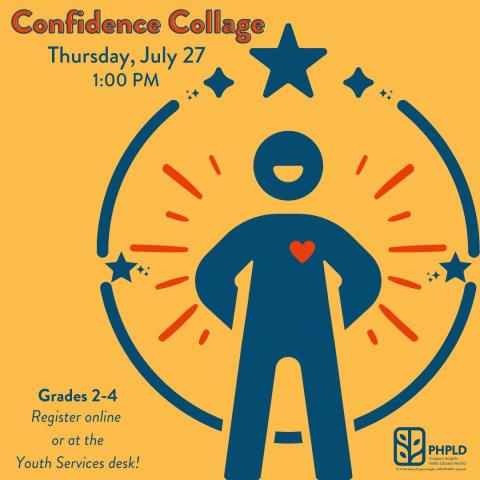 gold background- blue silohuette of person with orange heart on chest- shingin rays and stars surround- title in orange- program information and library logo in blue