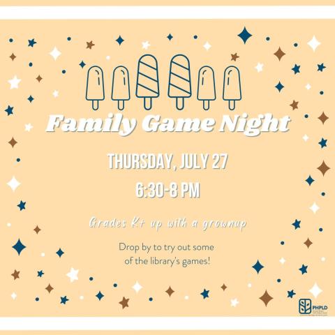 tan background- small stars around the edges- image of popsicles in blue- program title and information in white- library log in blue