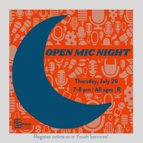 orange background with gray border- image on blue moon- small images of different microphones in gray in background- program title, information, and library logo in blue