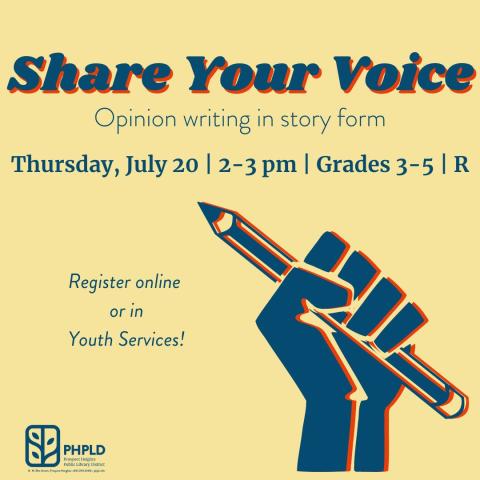 yellow background- image of hand holding a pencil in blue- program title and information and library logo in blue