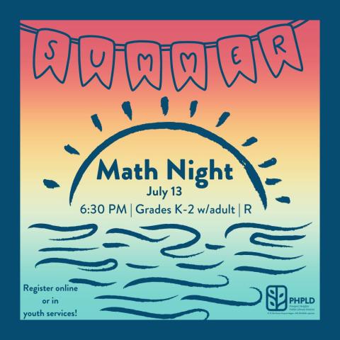 gradient sunset background-the word summer in blue banner- image of sun over water in blue- program information and library logo in blue