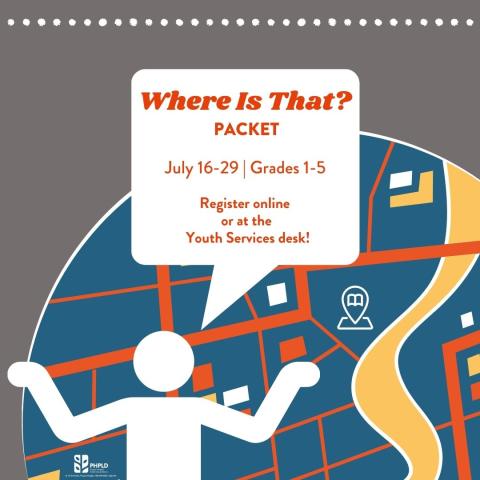 gray background- image of a person silouhette in white in front of a map- white speech bubble contains program title and information in orange- library logo in white