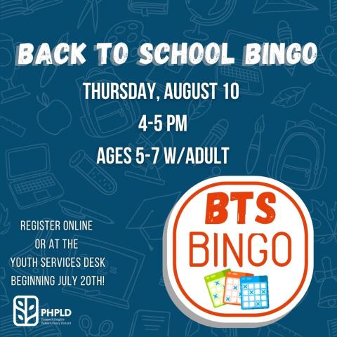 Blue background with program information in white lettering- image of colorful bingo cards in lower right corner- library logo in white