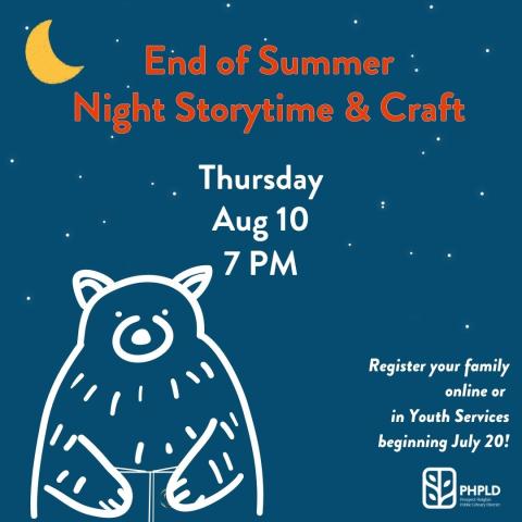 Blue background- program titile in orange- image of a bear hold ing a book in white- program information and library logo in white