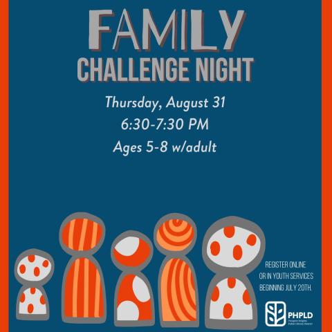 Blue background- image of people in orange patterns- program title and information in gray- library logo in white